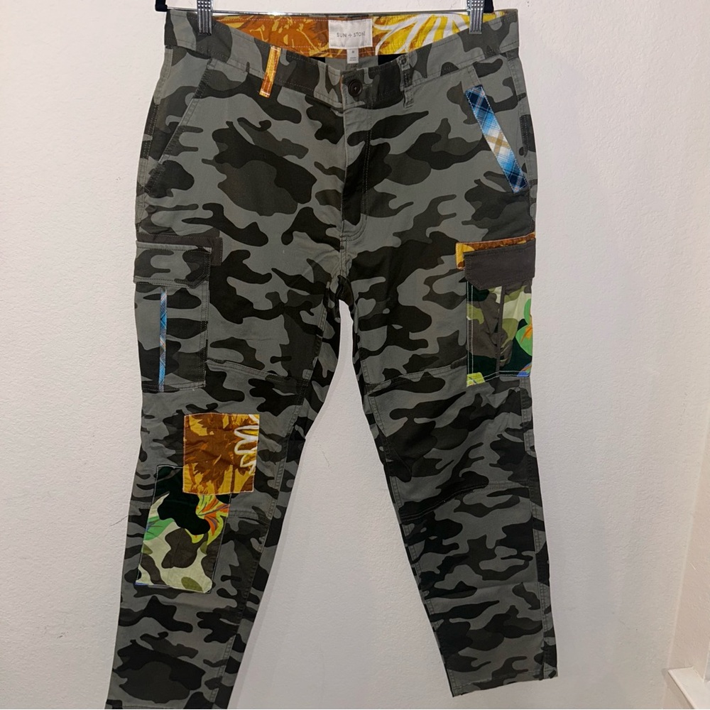 Sun + Stone Camouflage Cargo Pants with Colorful Patchwork